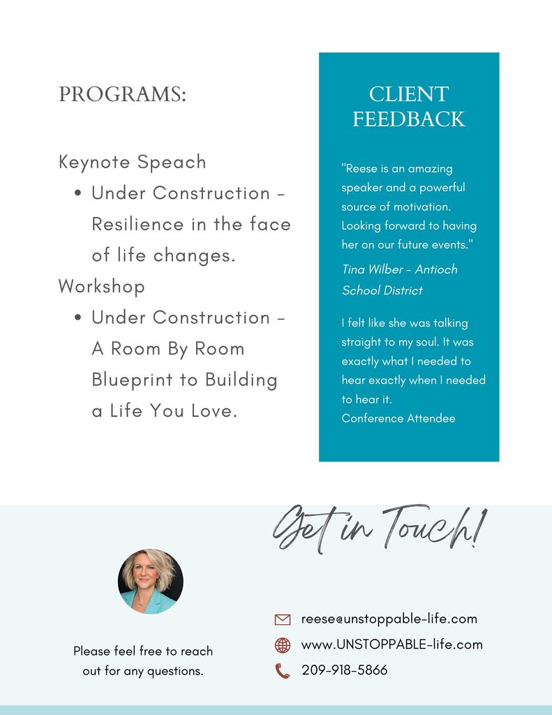 Reese Wilson speaker one-sheet, page 2 – testimonials and event details